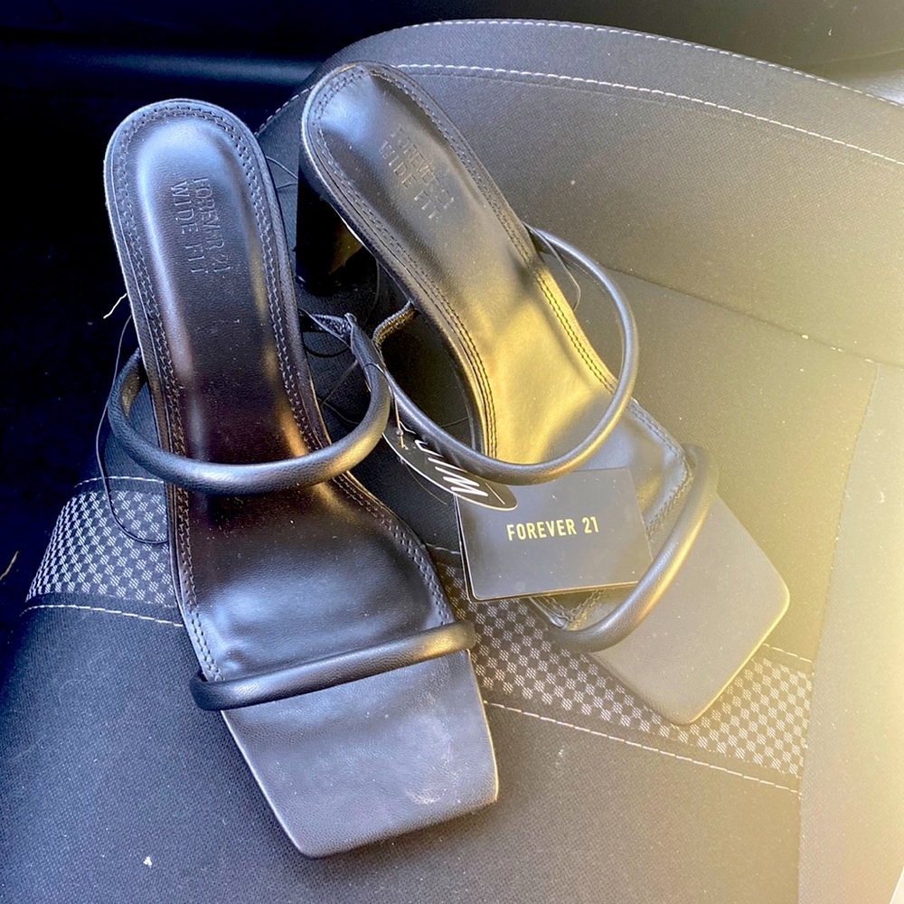 Black square toe heeled sandals